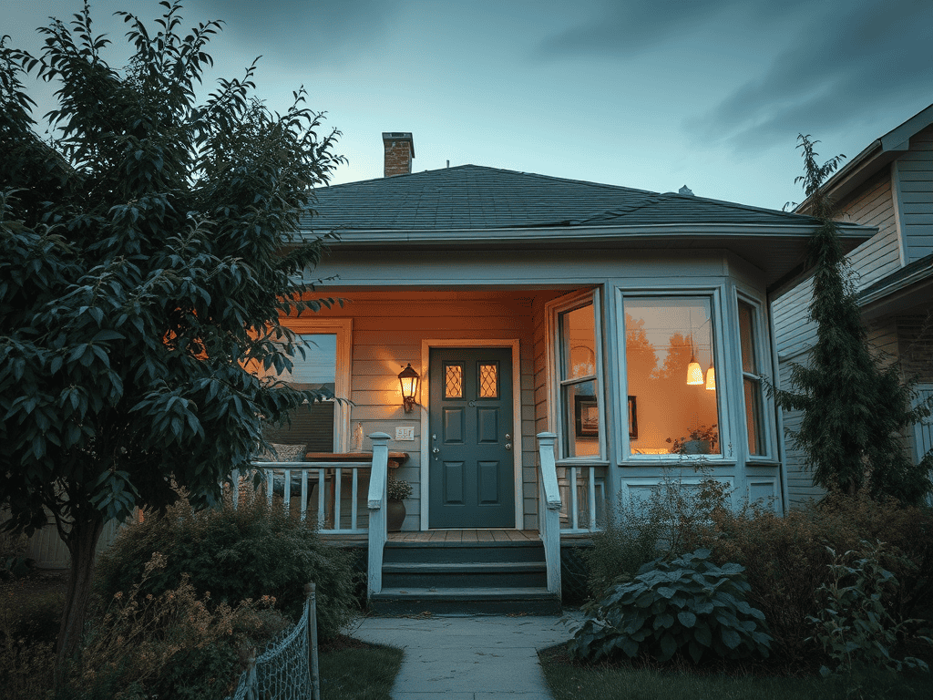 Charming suburban house with cozy porch and lush garden, ideal for home staging and interior makeover projects.