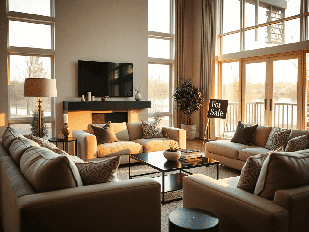 Who Pays for Home Staging? 1 Cozy modern living room with large windows, neutral sofas, and a "For Sale" sign, ideal for staged homes by Leigh.